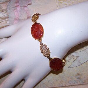 Art Deco 14K Gold Carved Carnelian Flower Filigree Link Bracelet - 7" Long